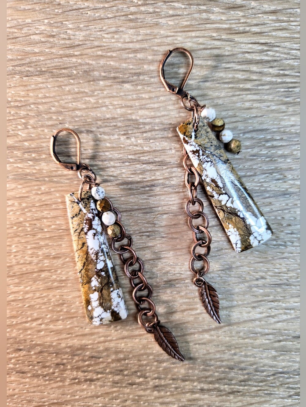 Natural Wild Horse Jasper In Rustic Artisan Handmade Statement Copper Earrings - Picture 4 of 8